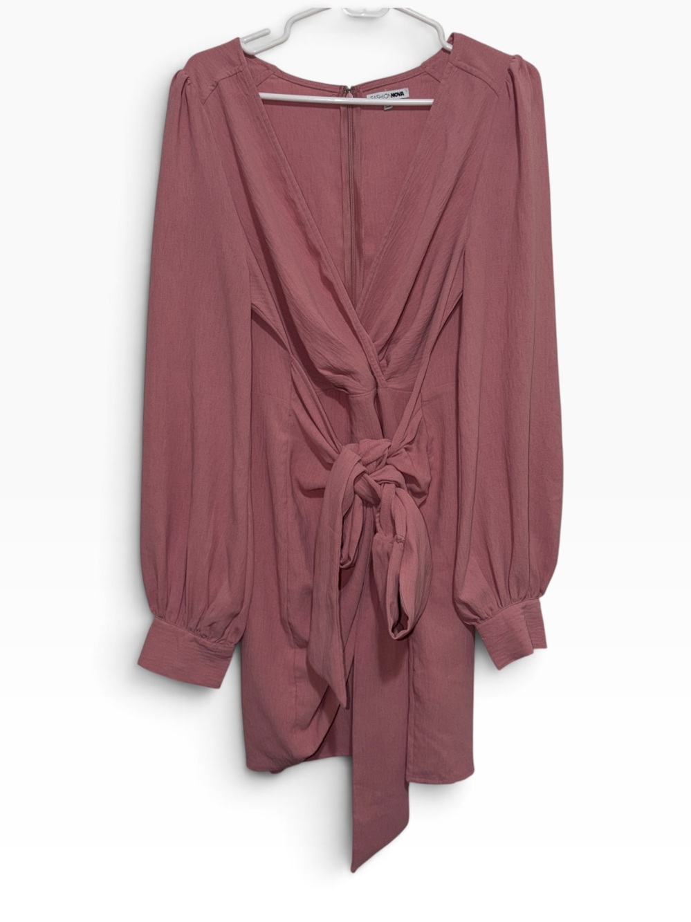 Fashion Nova Dusty Rose Wrap Tie-Front Long Sleeve Blouse